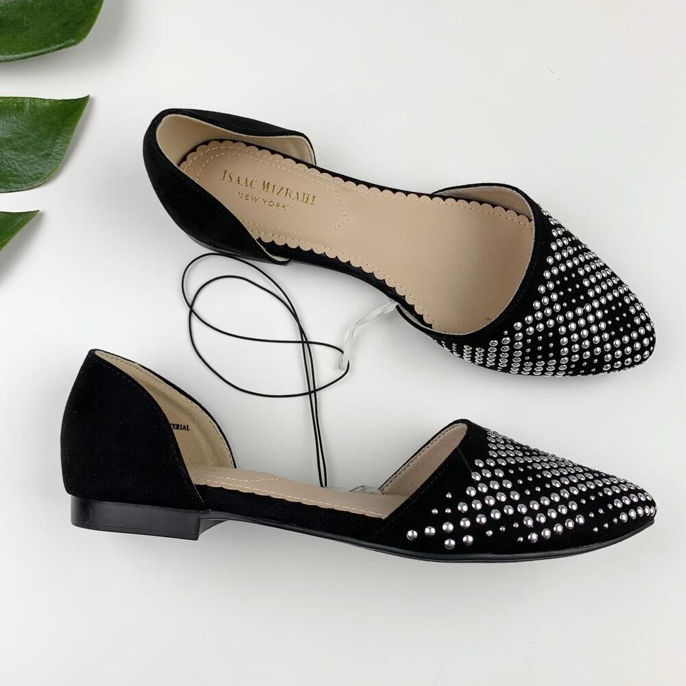 Isaac Mizrahi D’Orsay Flats Studded Silver Faux Black Suede Slip On Women’s 6.5